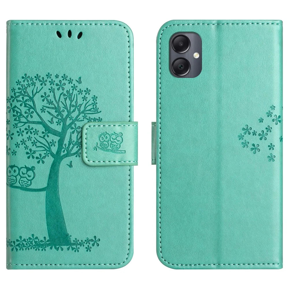 For Samsung Galaxy A07 4G / A06 5G / A06 4G Case PU Leather Owl Tree Imprinted Wallet Phone Cover - Cyan - 1