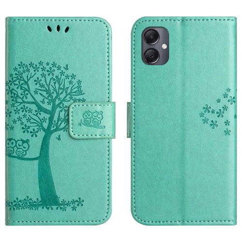 For Samsung Galaxy A07 4G / A06 5G / A06 4G Case PU Leather Owl Tree Imprinted Wallet Phone Cover - Cyan - 1