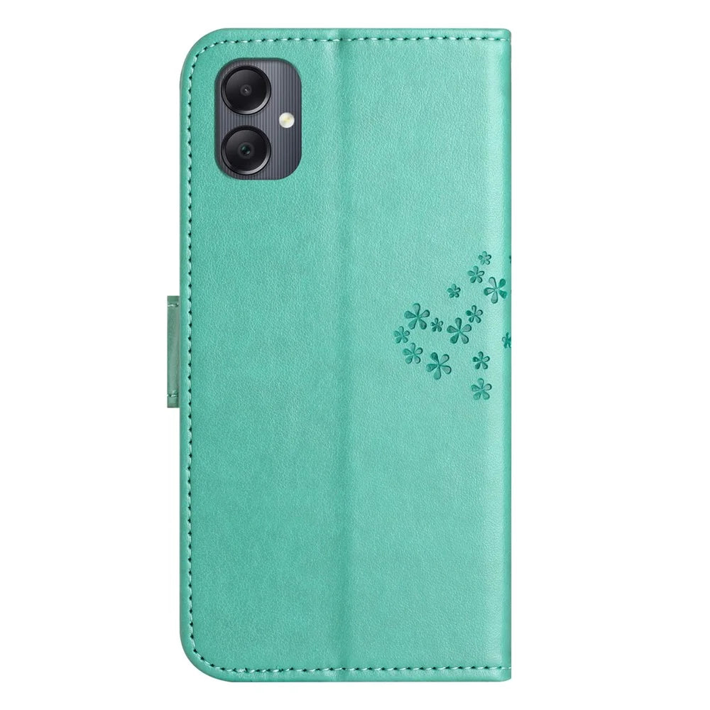 For Samsung Galaxy A07 4G / A06 5G / A06 4G Case PU Leather Owl Tree Imprinted Wallet Phone Cover - Cyan - 5