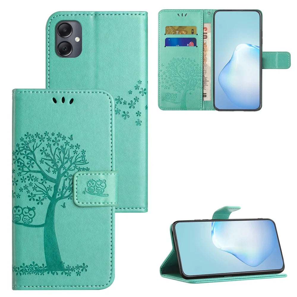 For Samsung Galaxy A07 4G / A06 5G / A06 4G Case PU Leather Owl Tree Imprinted Wallet Phone Cover - Cyan - 6