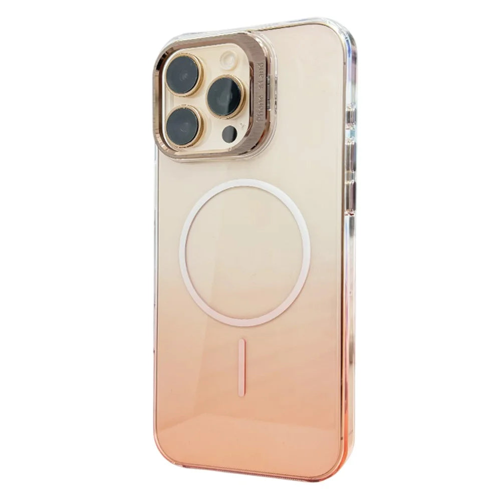 For iPhone 16 Pro Magnetic Case Gradient Color Hard PC Phone Cover Camera Lens Frame Kickstand - Gold - 1