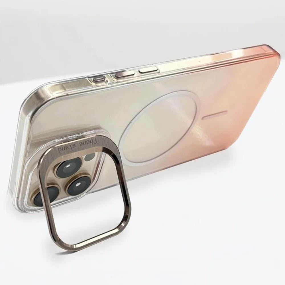 For iPhone 16 Pro Magnetic Case Gradient Color Hard PC Phone Cover Camera Lens Frame Kickstand - Gold - 2