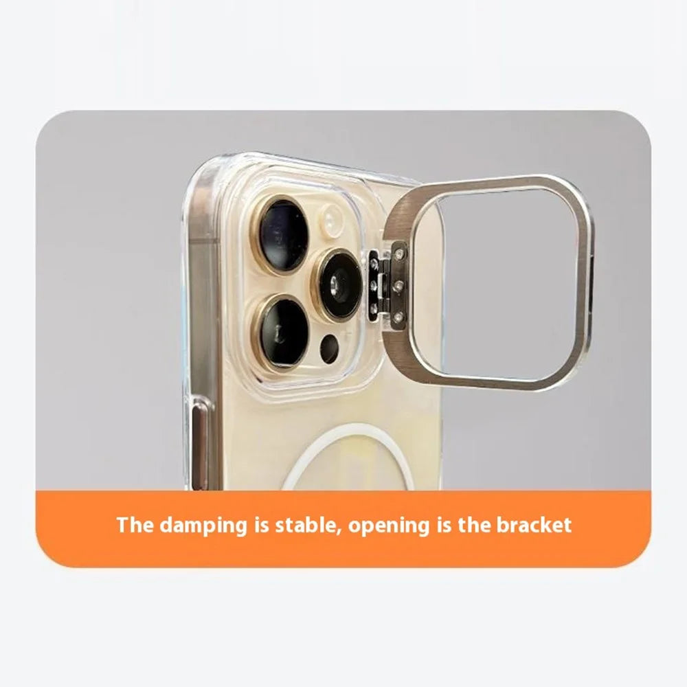 For iPhone 16 Pro Magnetic Case Gradient Color Hard PC Phone Cover Camera Lens Frame Kickstand - Gold - 4