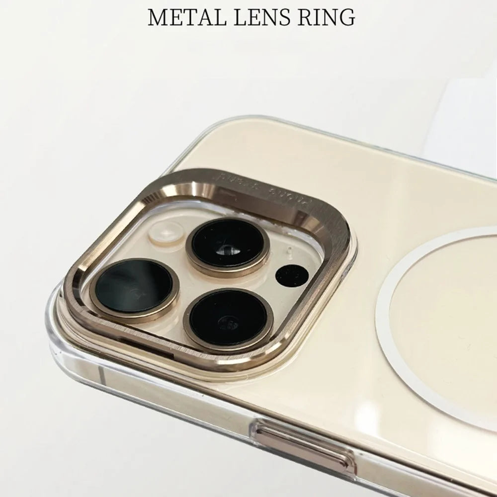 For iPhone 16 Pro Magnetic Case Gradient Color Hard PC Phone Cover Camera Lens Frame Kickstand - Gold - 7
