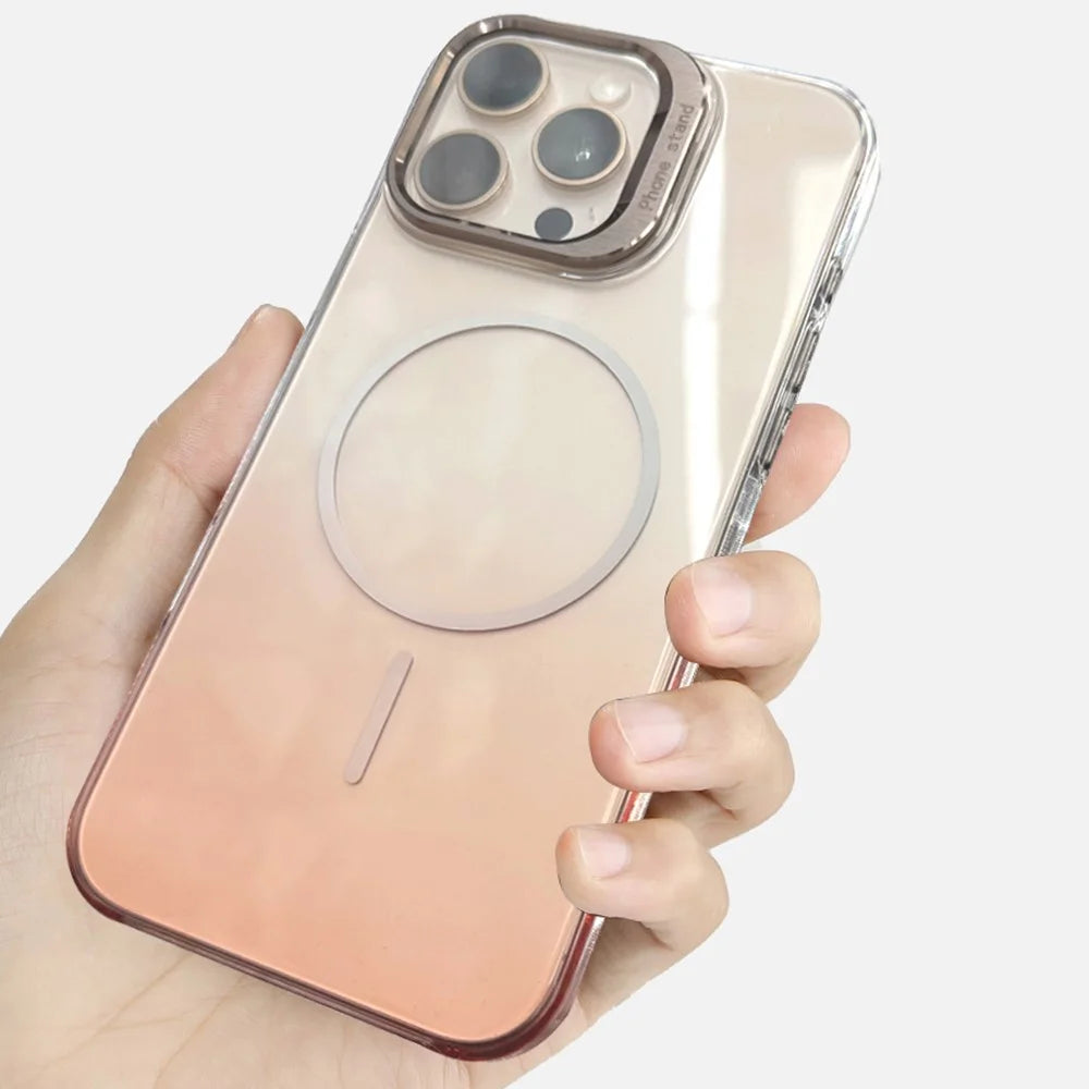 For iPhone 16 Pro Max Magnetic Case Gradient Color Hard PC Phone Cover Camera Lens Frame Kickstand - Gold - 3