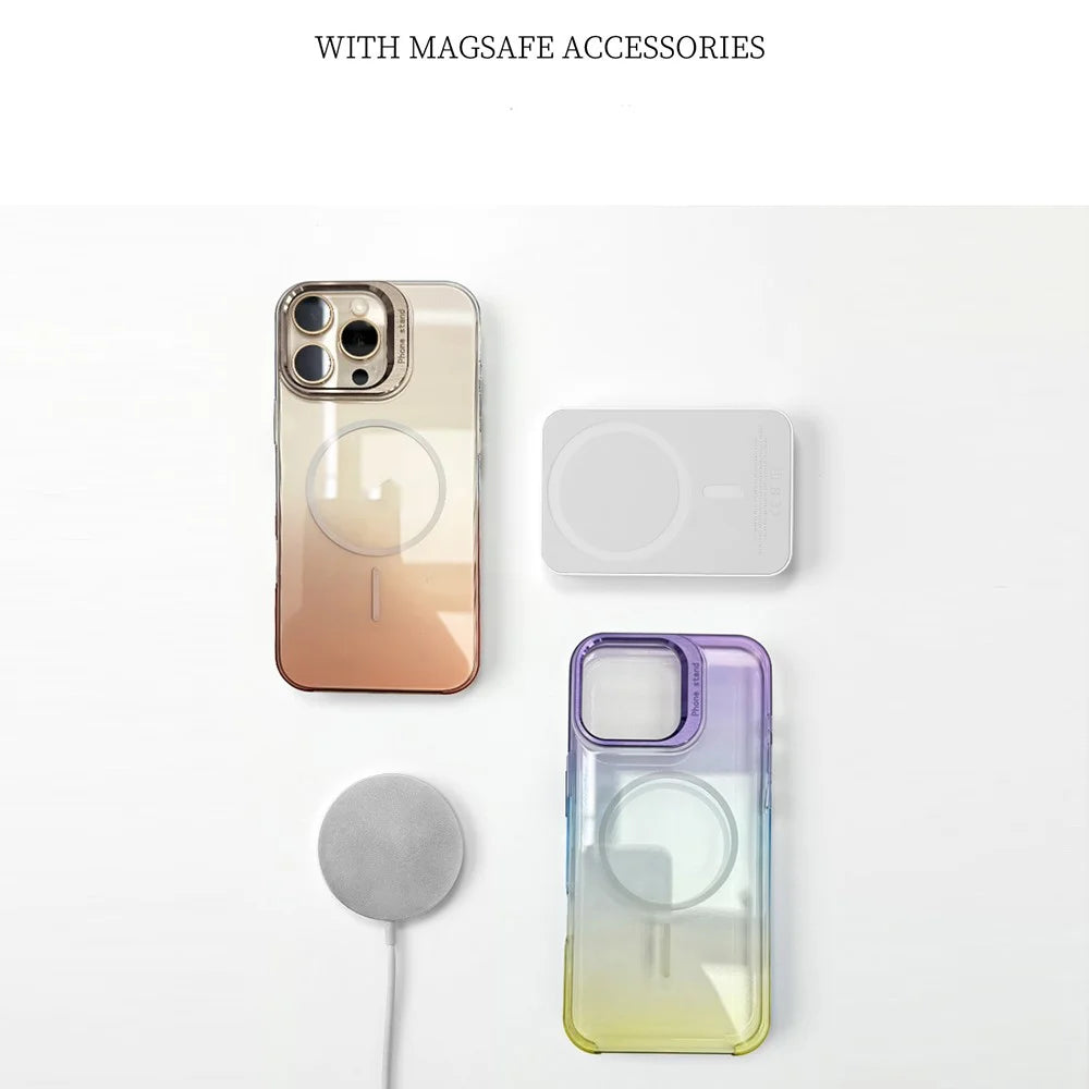 For iPhone 16 Pro Max Magnetic Case Gradient Color Hard PC Phone Cover Camera Lens Frame Kickstand - Gold - 5