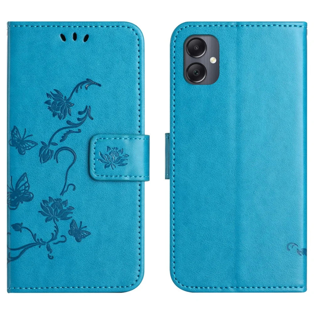 For Samsung Galaxy A07 4G / A06 5G / A06 4G Case Wallet Stand Imprinted Butterfly Flower PU Leather Phone Cover - Blue - 1