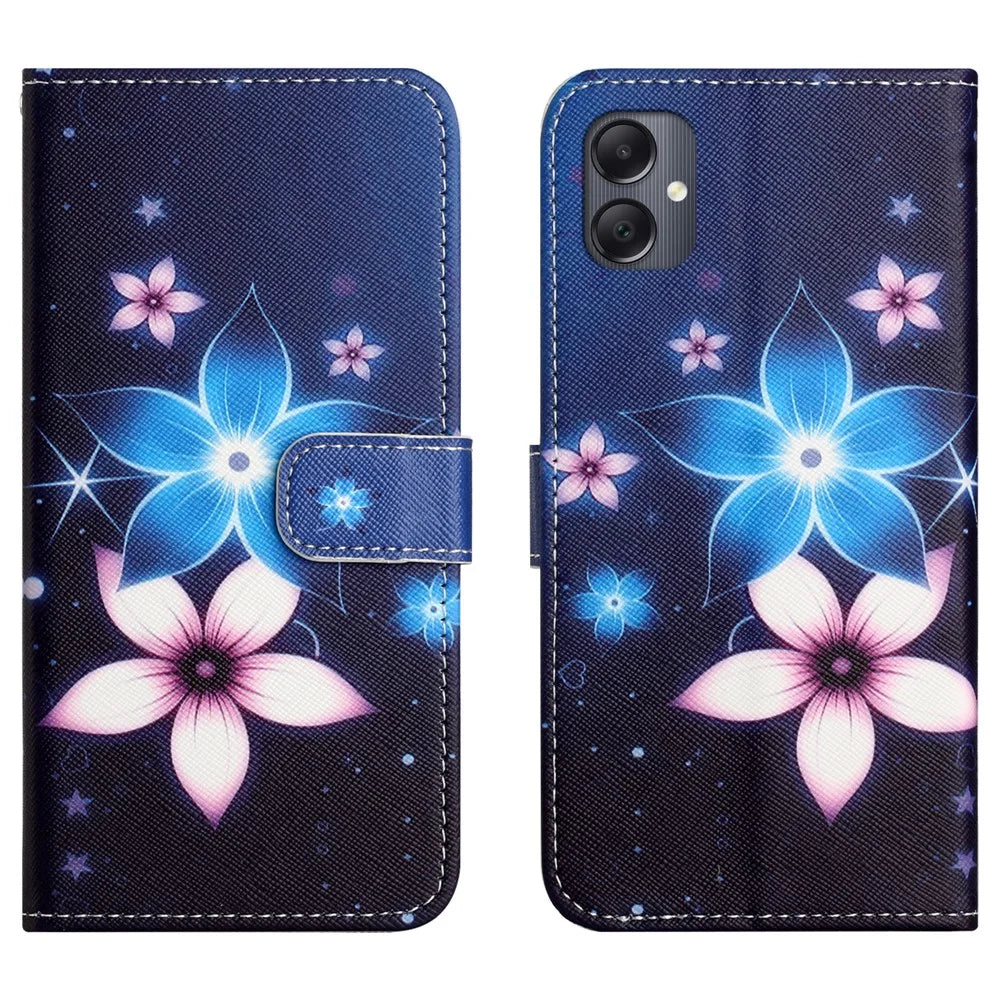 For Samsung Galaxy A07 4G / A06 5G / A06 4G Case Pattern Print PU Leather Wallet Phone Cover Cross Texture - Blue Flower - 1