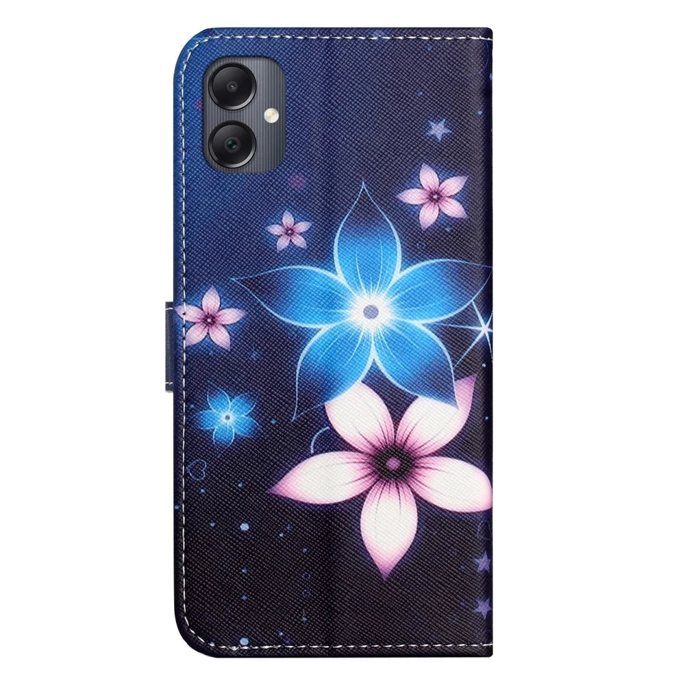 For Samsung Galaxy A07 4G / A06 5G / A06 4G Case Pattern Print PU Leather Wallet Phone Cover Cross Texture - Blue Flower - 5