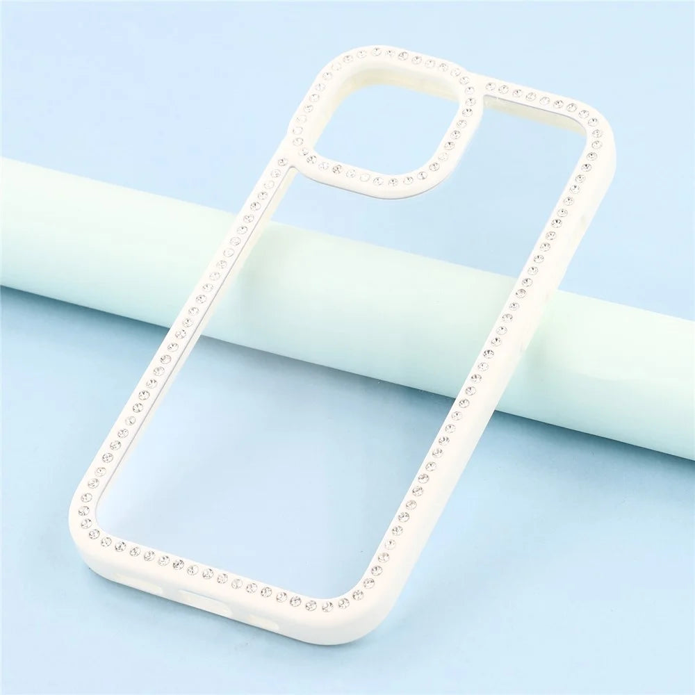 For iPhone 15 Case Sparkling Rhinestone Decor TPU + PC Clear Phone Back Cover - White - 6