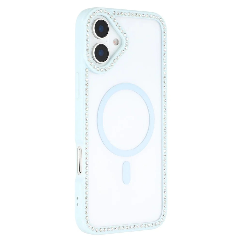 For iPhone 16 Case Compatible with MagSafe Sparkling Rhinestone Decor TPU + PC Clear Phone Back Cover - Blue - 1