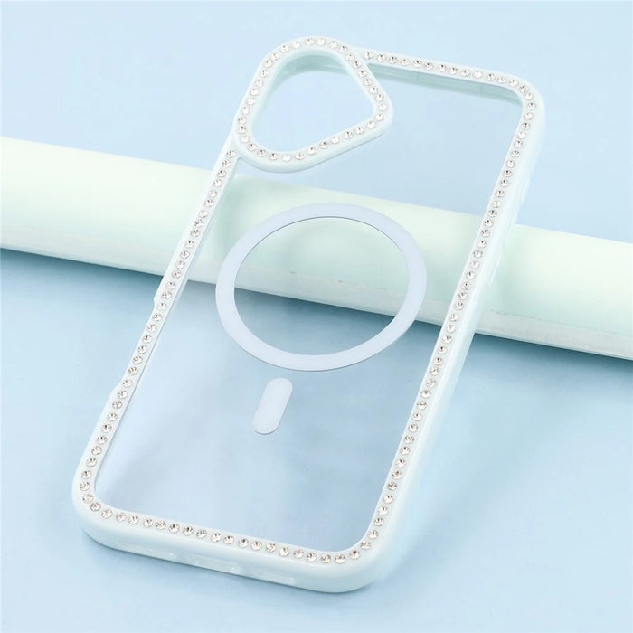 For iPhone 16 Case Compatible with MagSafe Sparkling Rhinestone Decor TPU + PC Clear Phone Back Cover - Blue - 6
