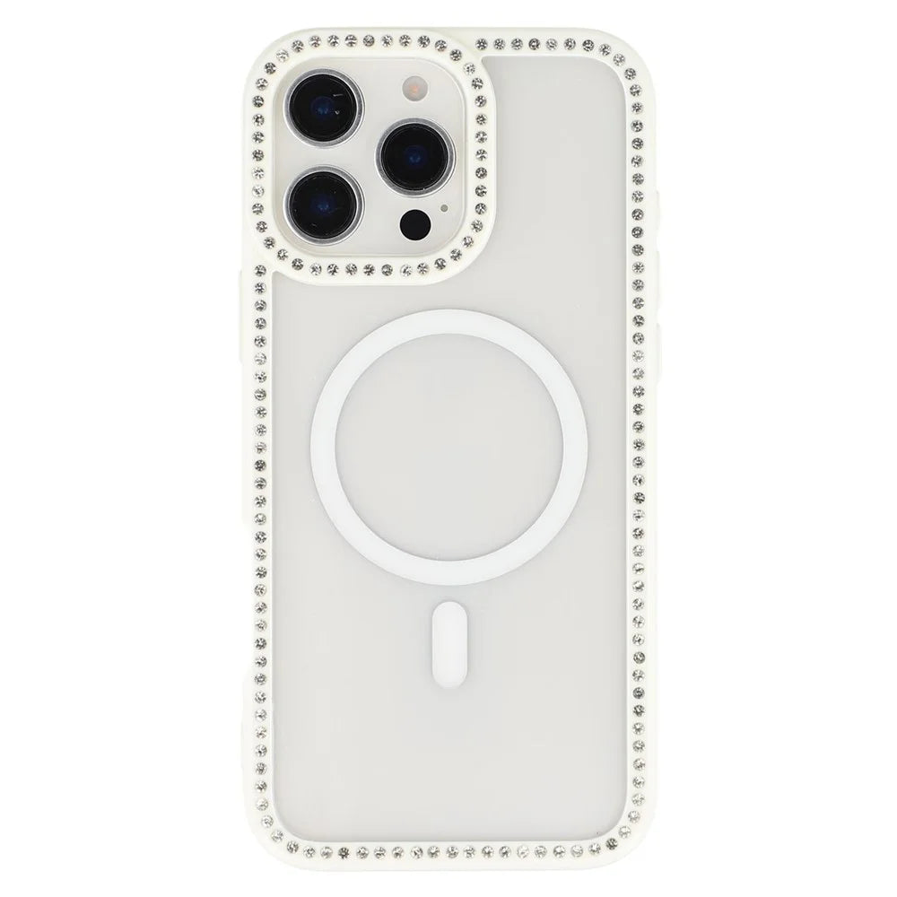 For iPhone 16 Pro Case Compatible with MagSafe Sparkling Rhinestone Decor TPU + PC Clear Phone Back Cover - White - 3