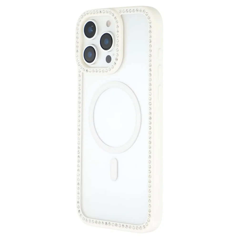 For iPhone 16 Pro Case Compatible with MagSafe Sparkling Rhinestone Decor TPU + PC Clear Phone Back Cover - White - 4