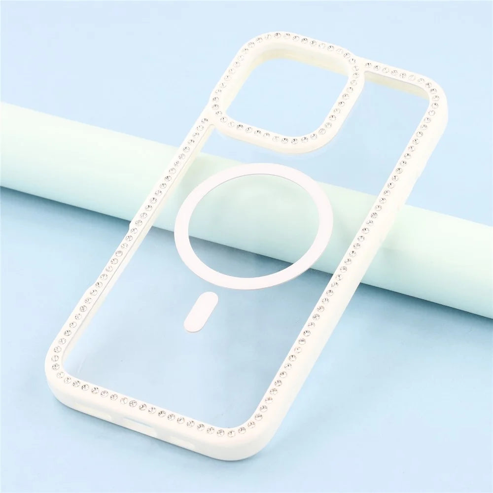 For iPhone 16 Pro Case Compatible with MagSafe Sparkling Rhinestone Decor TPU + PC Clear Phone Back Cover - White - 6