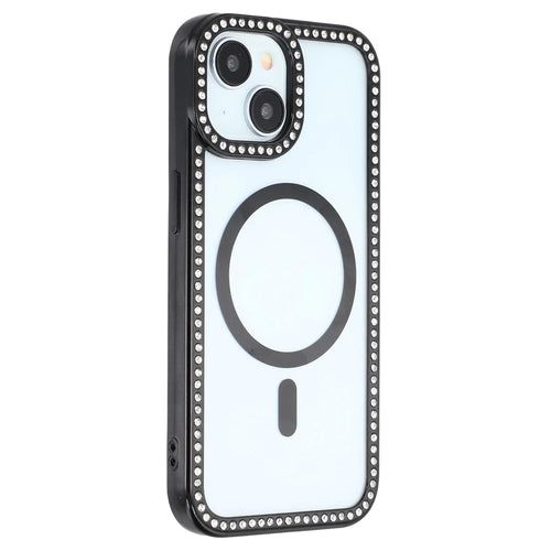 For iPhone 15 Case Compatible with MagSafe Sparkling Rhinestone Decor TPU + PC Clear Phone Back Cover - Black - 1