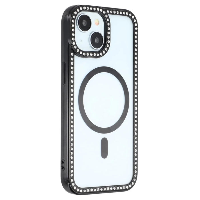 For iPhone 15 Case Compatible with MagSafe Sparkling Rhinestone Decor TPU + PC Clear Phone Back Cover - Black - 1