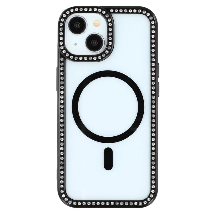 For iPhone 15 Case Compatible with MagSafe Sparkling Rhinestone Decor TPU + PC Clear Phone Back Cover - Black - 3