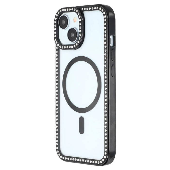 For iPhone 15 Case Compatible with MagSafe Sparkling Rhinestone Decor TPU + PC Clear Phone Back Cover - Black - 4