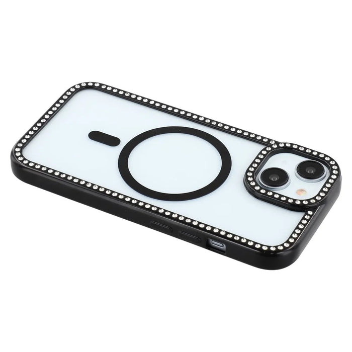 For iPhone 15 Case Compatible with MagSafe Sparkling Rhinestone Decor TPU + PC Clear Phone Back Cover - Black - 5