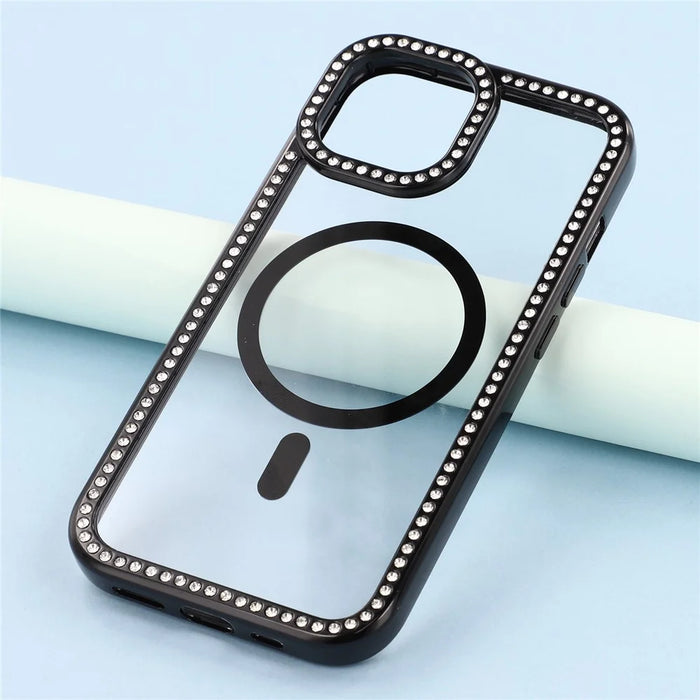 For iPhone 15 Case Compatible with MagSafe Sparkling Rhinestone Decor TPU + PC Clear Phone Back Cover - Black - 6