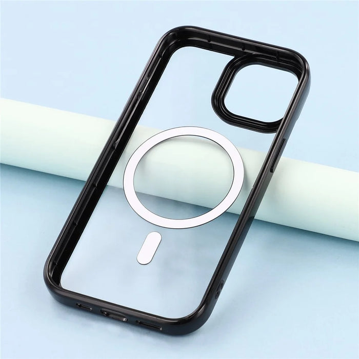 For iPhone 15 Case Compatible with MagSafe Sparkling Rhinestone Decor TPU + PC Clear Phone Back Cover - Black - 7
