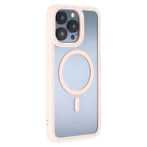 For iPhone 15 Pro Case Compatible with MagSafe Sparkling Rhinestone Decor TPU + PC Clear Phone Back Cover - Pink - 1
