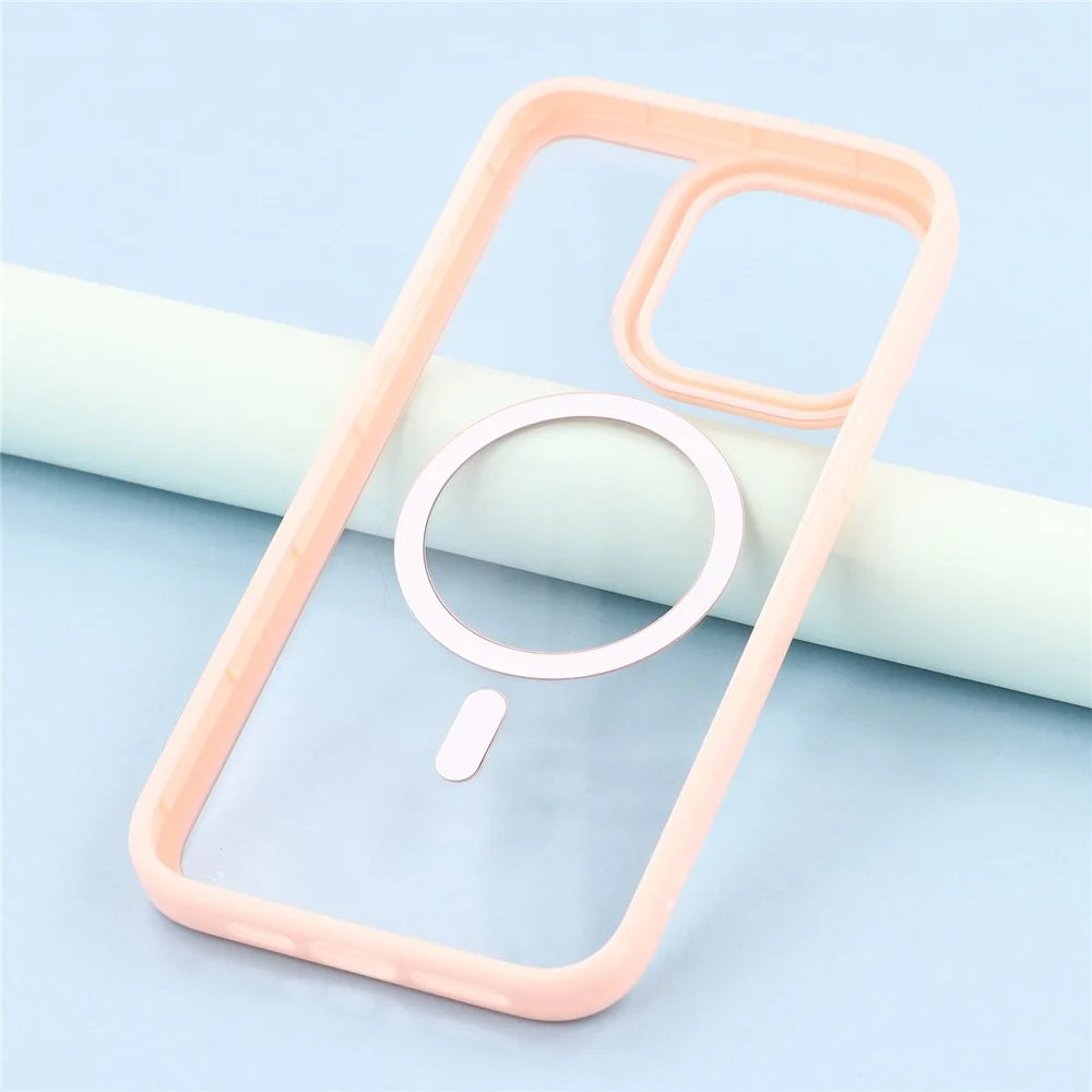 For iPhone 15 Pro Case Compatible with MagSafe Sparkling Rhinestone Decor TPU + PC Clear Phone Back Cover - Pink - 7