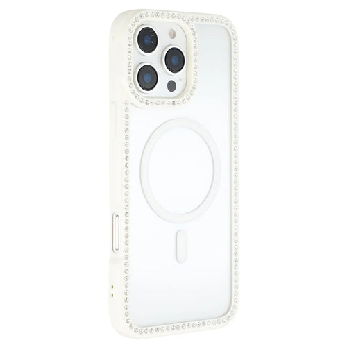 For iPhone 16 Pro Max Case Compatible with MagSafe Sparkling Rhinestone Decor TPU + PC Clear Phone Back Cover - White - 1