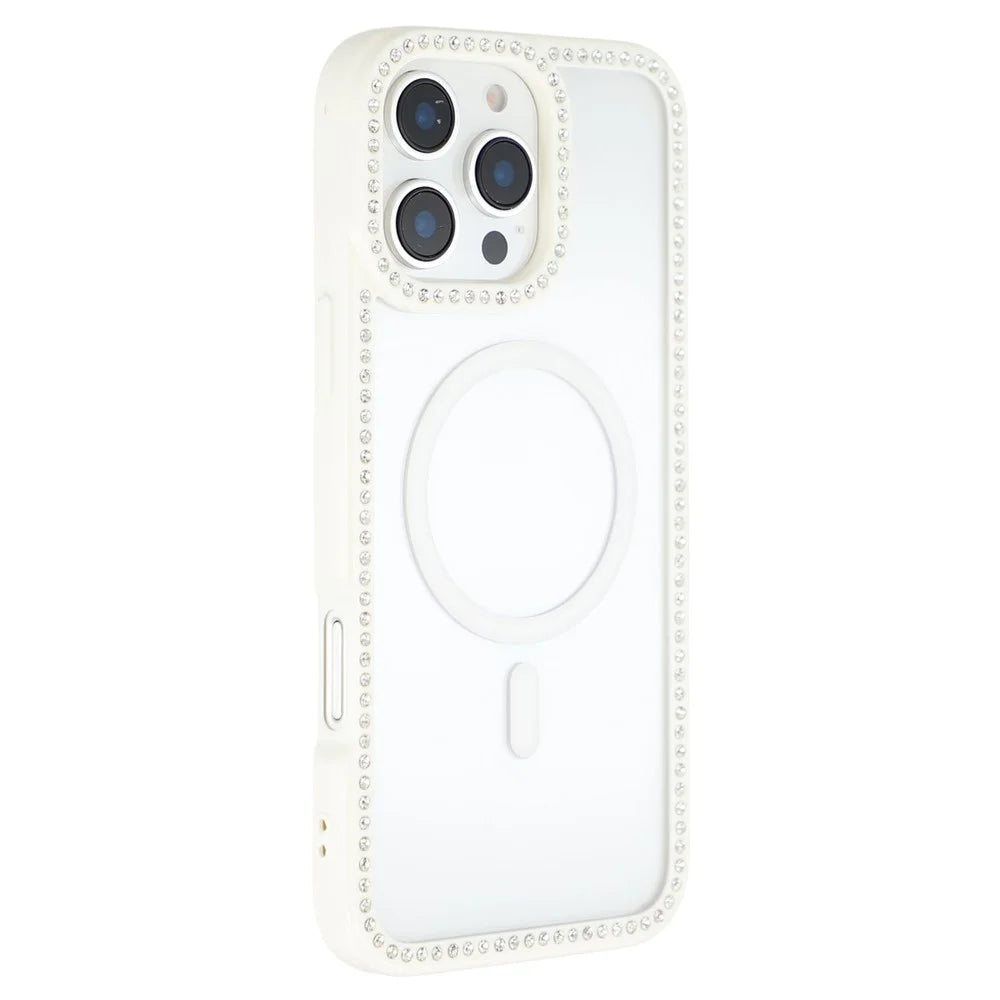 For iPhone 16 Pro Max Case Compatible with MagSafe Sparkling Rhinestone Decor TPU + PC Clear Phone Back Cover - White - 1
