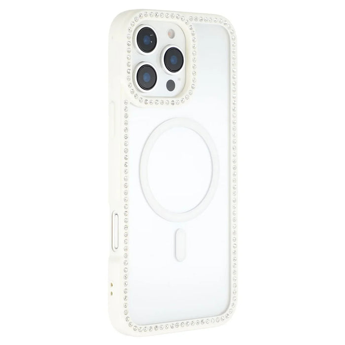 For iPhone 16 Pro Max Case Compatible with MagSafe Sparkling Rhinestone Decor TPU + PC Clear Phone Back Cover - White - 1