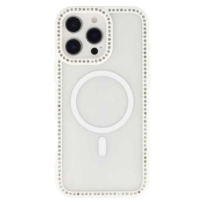 For iPhone 16 Pro Max Case Compatible with MagSafe Sparkling Rhinestone Decor TPU + PC Clear Phone Back Cover - White - 3