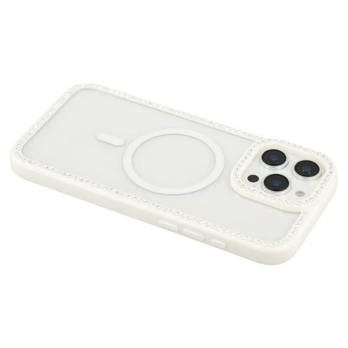 For iPhone 16 Pro Max Case Compatible with MagSafe Sparkling Rhinestone Decor TPU + PC Clear Phone Back Cover - White - 5