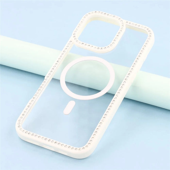 For iPhone 16 Pro Max Case Compatible with MagSafe Sparkling Rhinestone Decor TPU + PC Clear Phone Back Cover - White - 6