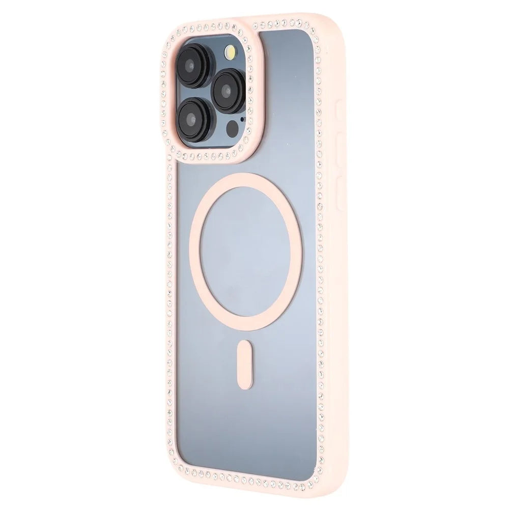 For iPhone 15 Pro Max Case Compatible with MagSafe Sparkling Rhinestone Decor TPU + PC Clear Phone Back Cover - Pink - 3