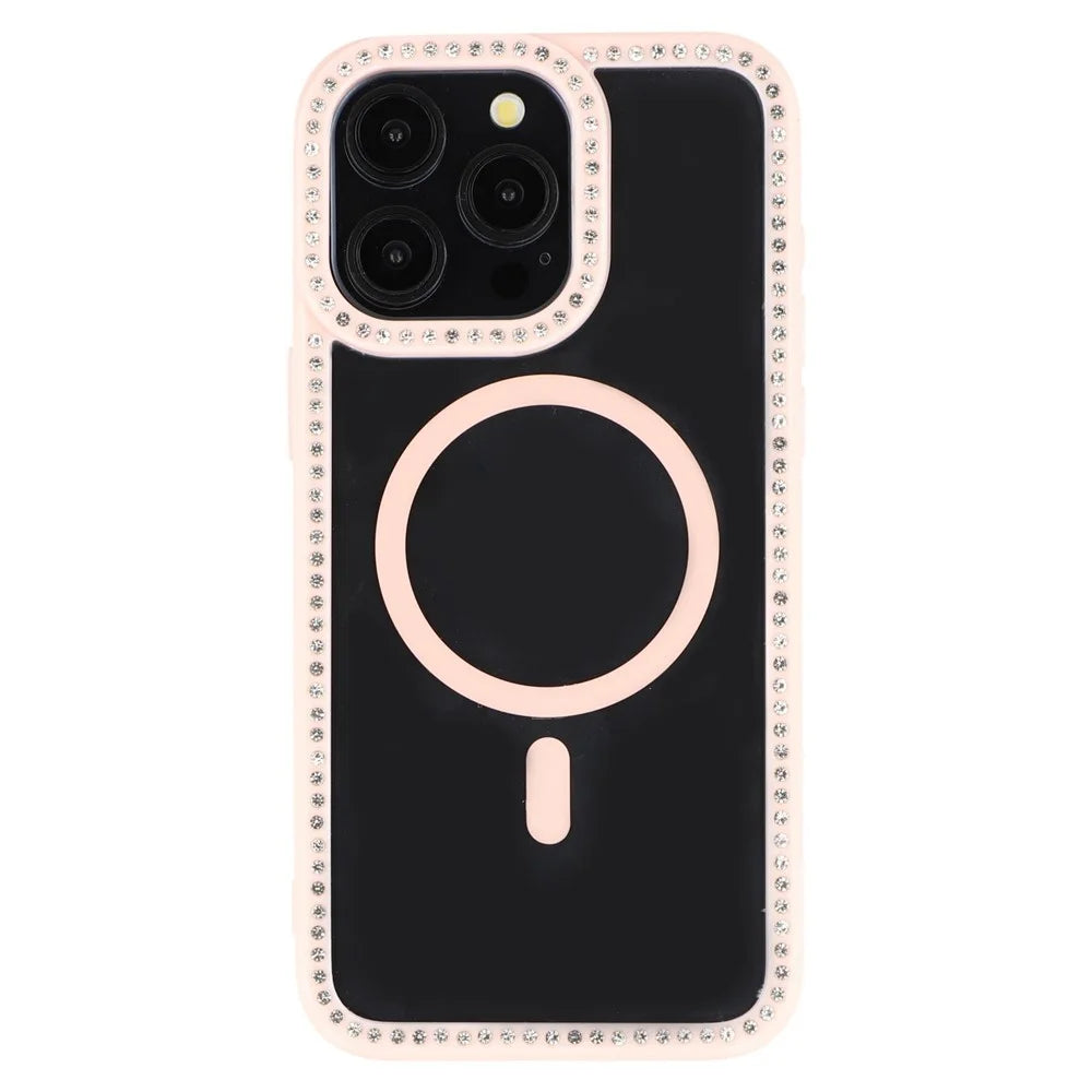 For iPhone 15 Pro Max Case Compatible with MagSafe Sparkling Rhinestone Decor TPU + PC Clear Phone Back Cover - Pink - 4