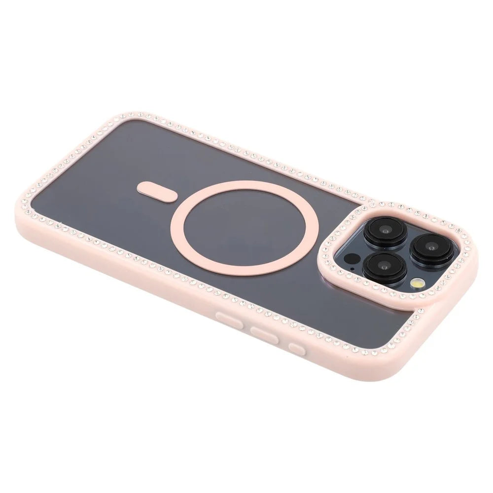 For iPhone 15 Pro Max Case Compatible with MagSafe Sparkling Rhinestone Decor TPU + PC Clear Phone Back Cover - Pink - 5
