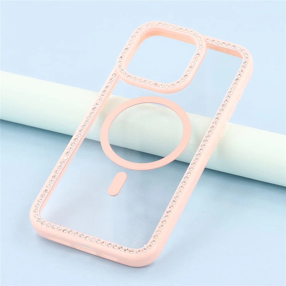 For iPhone 15 Pro Max Case Compatible with MagSafe Sparkling Rhinestone Decor TPU + PC Clear Phone Back Cover - Pink - 6
