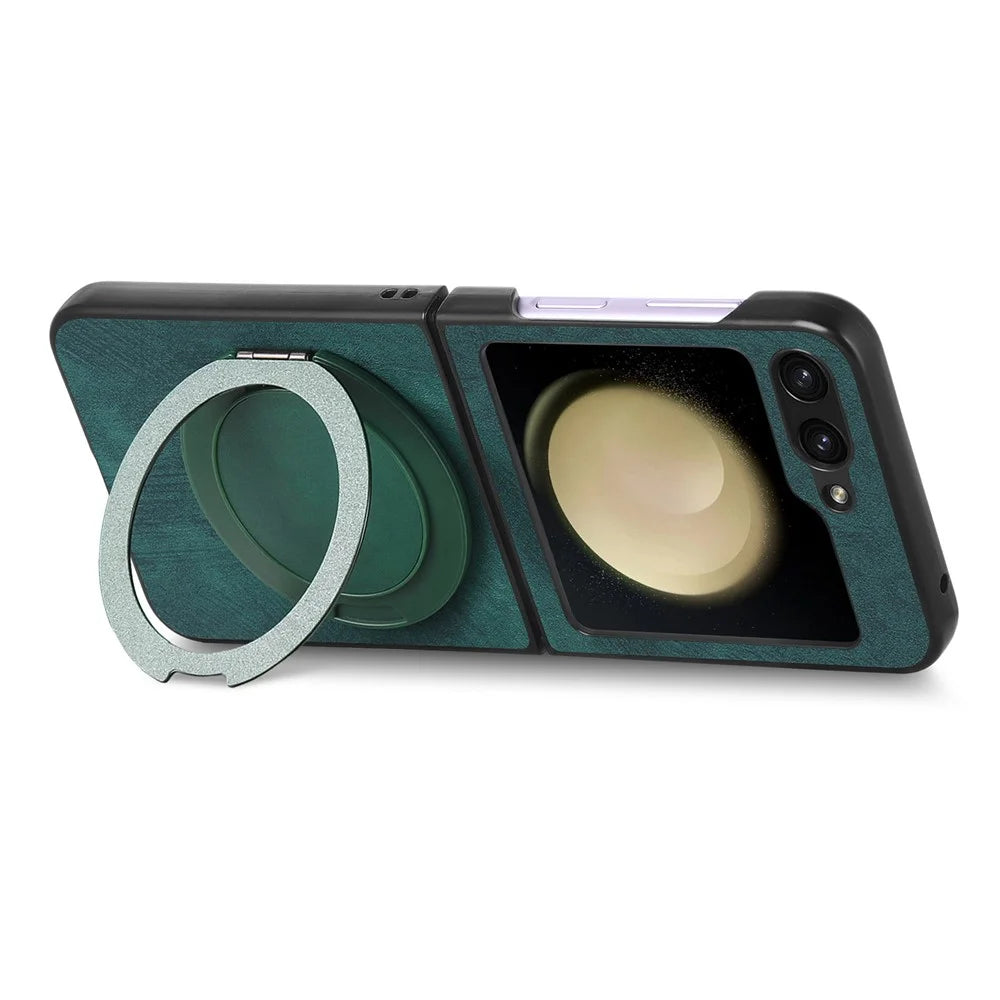 For Samsung Galaxy Z Flip5 5G Phone Case with Rotating Kickstand Stress Relief Retro Leather Back Cover - Green - 5
