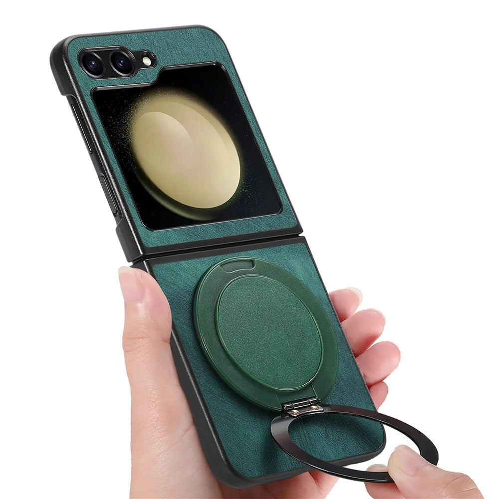 For Samsung Galaxy Z Flip5 5G Phone Case with Rotating Kickstand Stress Relief Retro Leather Back Cover - Green - 6