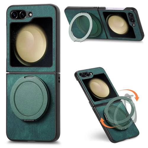 For Samsung Galaxy Z Flip7 FE 5G / Z Flip6 5G Phone Case with Rotating Kickstand Stress Relief Retro Leather Back Cover - Green - 1