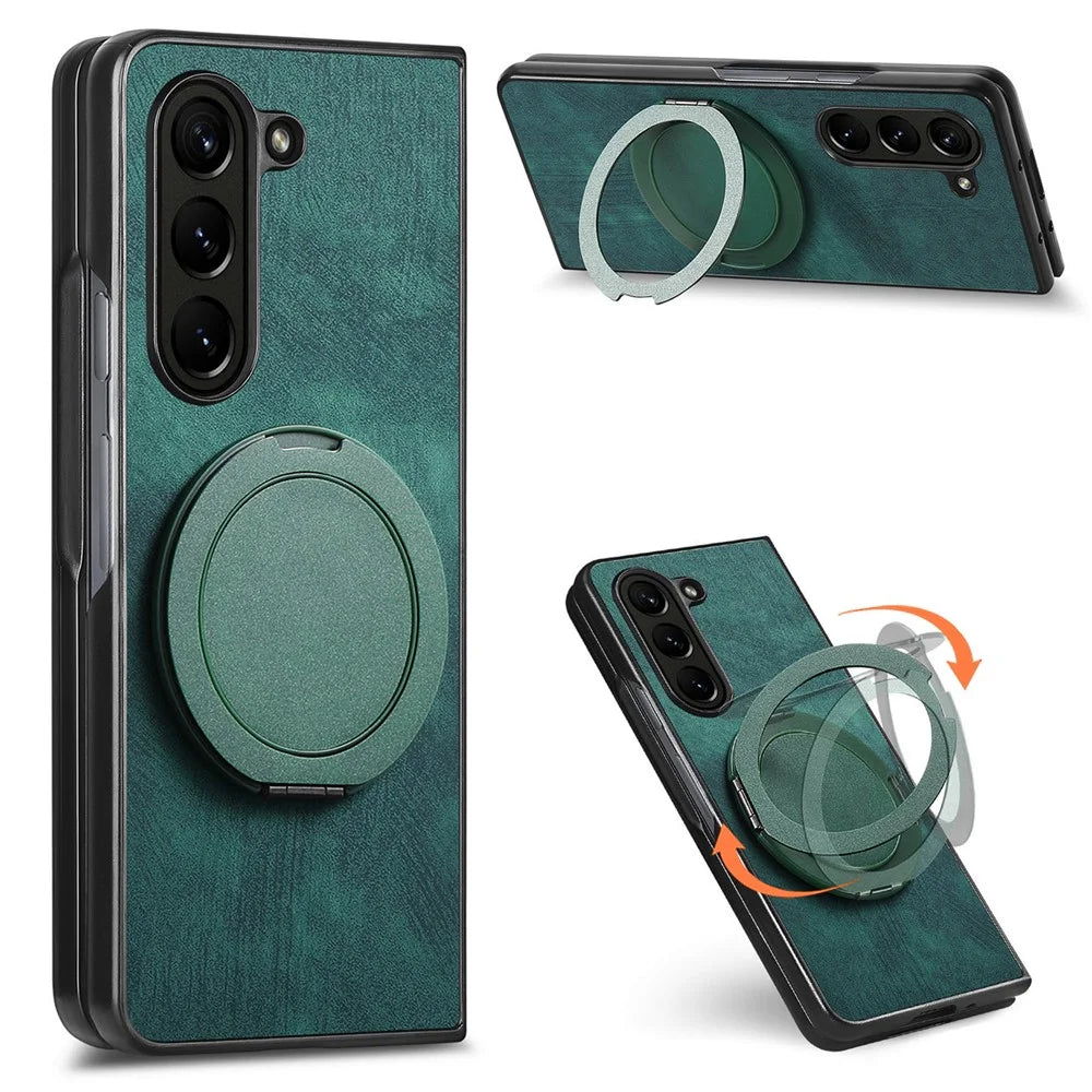 For Samsung Galaxy Z Fold5 5G Phone Case with Rotating Kickstand Stress Relief Retro Leather Back Cover - Green - 1