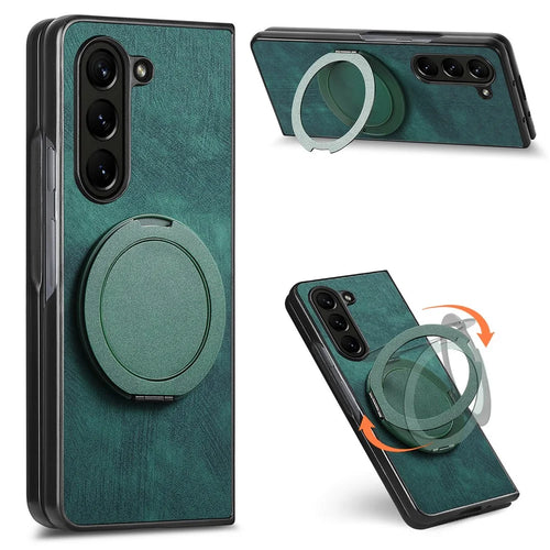 For Samsung Galaxy Z Fold5 5G Phone Case with Rotating Kickstand Stress Relief Retro Leather Back Cover - Green - 1