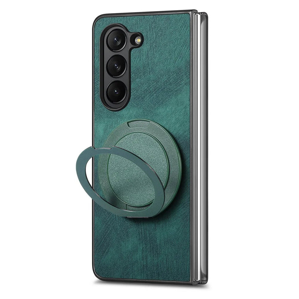 For Samsung Galaxy Z Fold6 5G Phone Case with Rotating Kickstand Stress Relief Retro Leather Back Cover - Green - 2