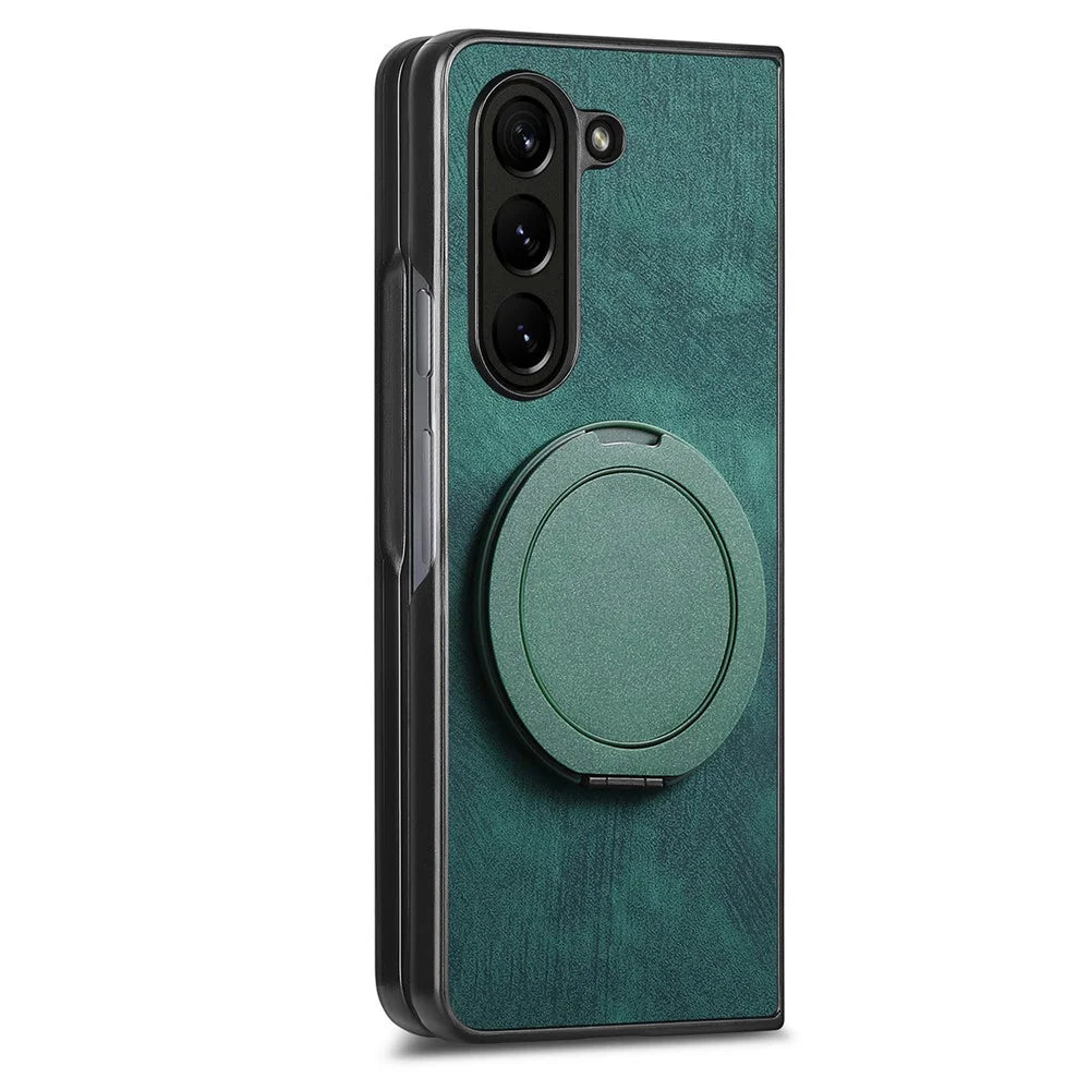 For Samsung Galaxy Z Fold6 5G Phone Case with Rotating Kickstand Stress Relief Retro Leather Back Cover - Green - 3
