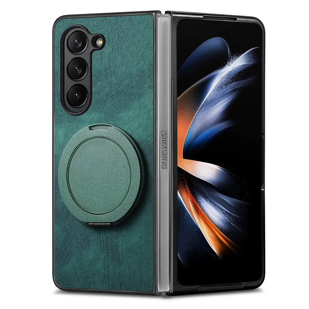 For Samsung Galaxy Z Fold6 5G Phone Case with Rotating Kickstand Stress Relief Retro Leather Back Cover - Green - 4