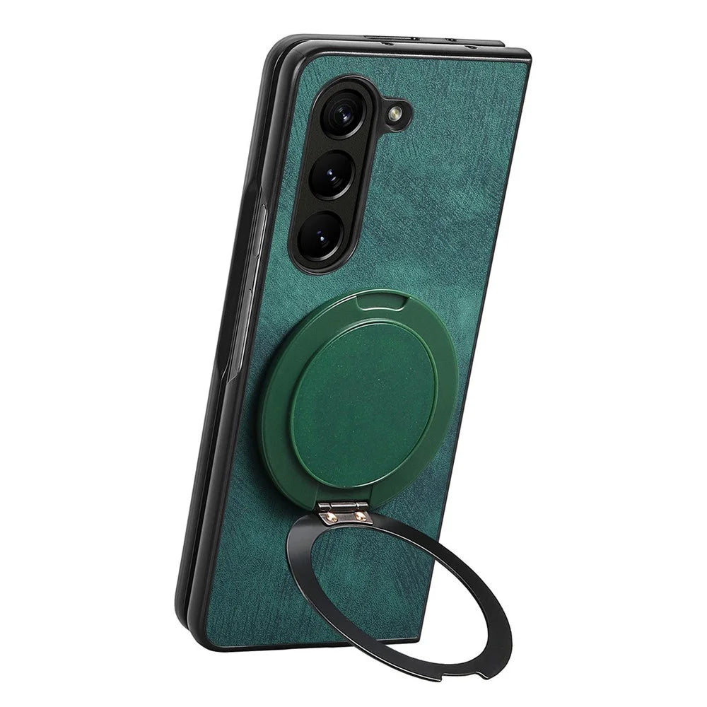 For Samsung Galaxy Z Fold6 5G Phone Case with Rotating Kickstand Stress Relief Retro Leather Back Cover - Green - 5