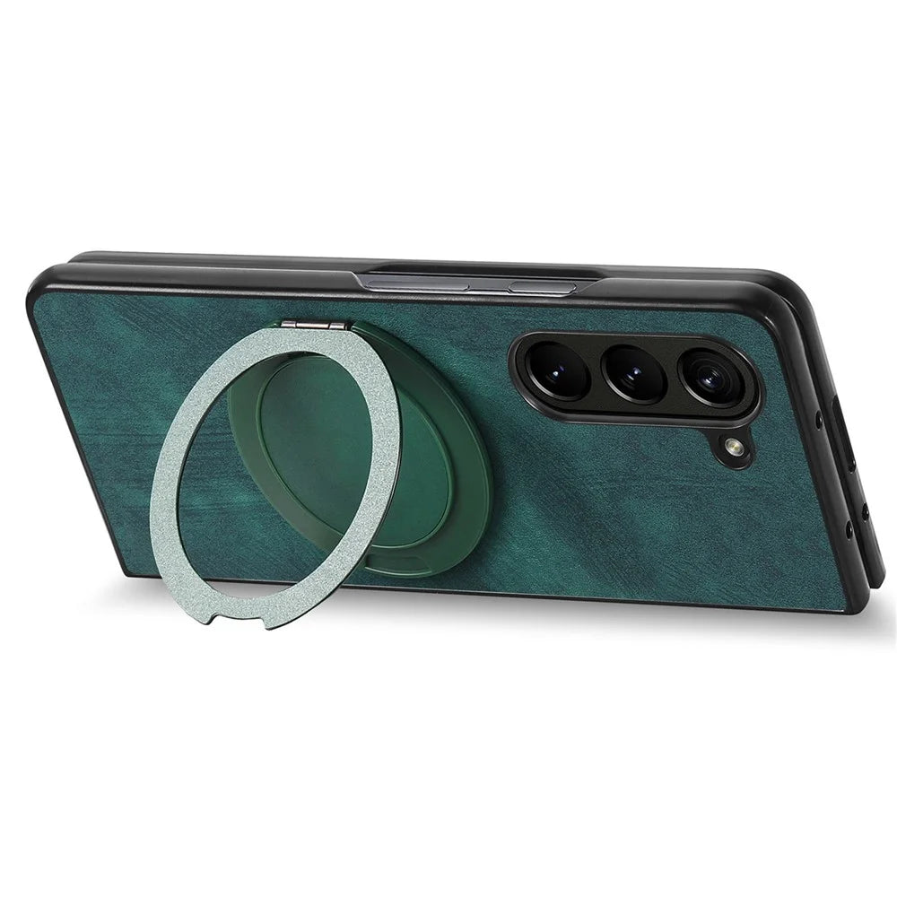 For Samsung Galaxy Z Fold6 5G Phone Case with Rotating Kickstand Stress Relief Retro Leather Back Cover - Green - 6