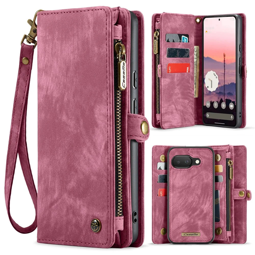 CASEME For Google Pixel 9a Phone Cases  008 Leather Cover with Detachable Wallet and Strap - Red - 1