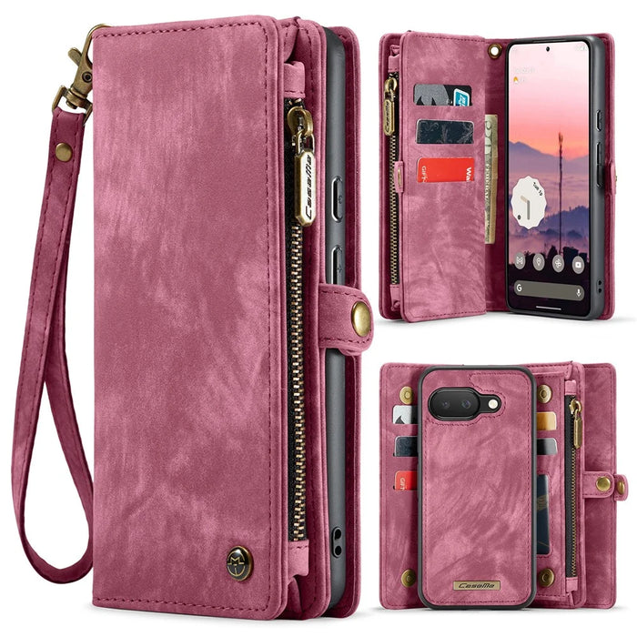 CASEME For Google Pixel 9a Phone Cases  008 Leather Cover with Detachable Wallet and Strap - Red - 1
